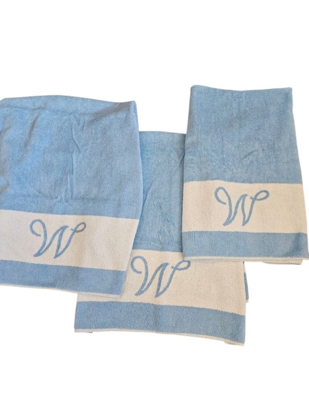 VTG Martex Light Blue White Bath Towels Set Of 3 Monogram W USA Made Reversible